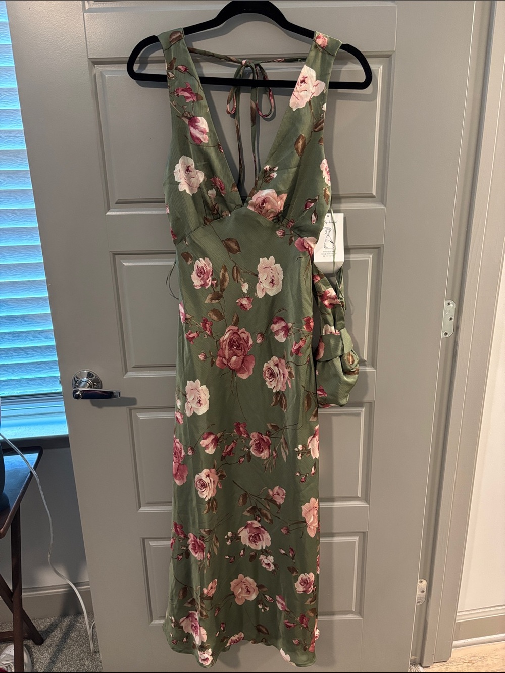Thirty/Thirty Floral V-Neck Green Maxi Dress with Pink Rose Print ~mini bag inc!